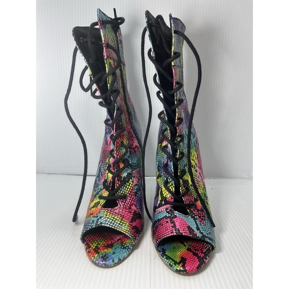 Olivia Ferguson Rainbow Snake Print Peep Toe Lace Up Stiletto Heels Size 6.5 - Picture 3 of 7
